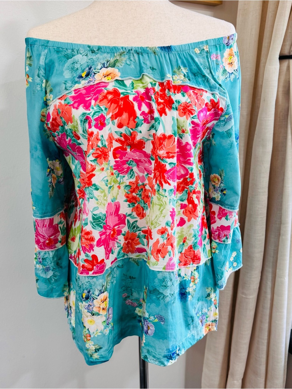 Calessa Aqua Floral Off Shoulder Boho Tunic Top PM 100% Rayon